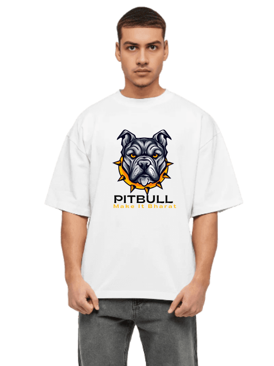 MakeItBharat Oversized Pure Cotton Unisex White T Shirt - PitBull