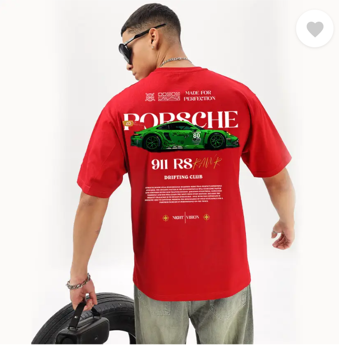 MakeItBharat Oversized Unisex Pure Cotton red T Shirt - Porsche