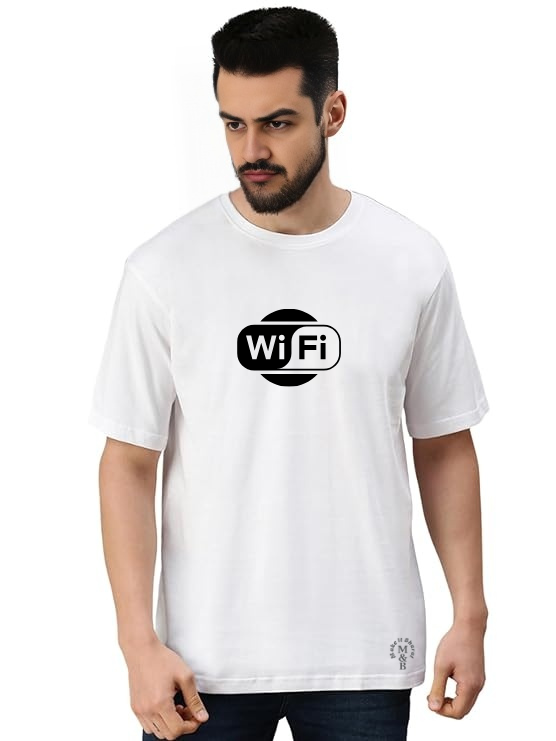MakeItBharat Oversized Pure Cotton Unisex White Tech T Shirt - WiFi