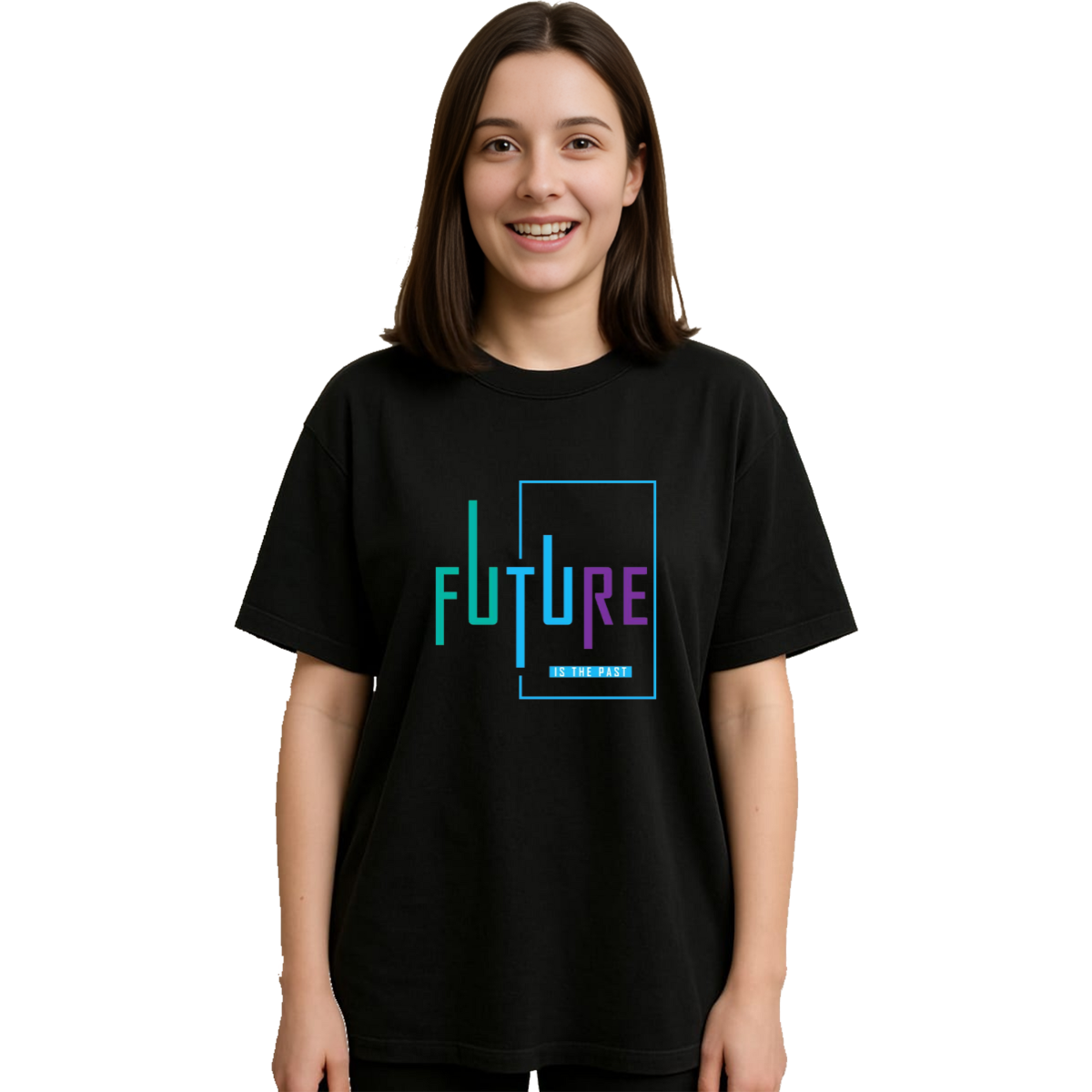 MakeItBharat Oversized Pure Cotton Girls Black T Shirt - Future