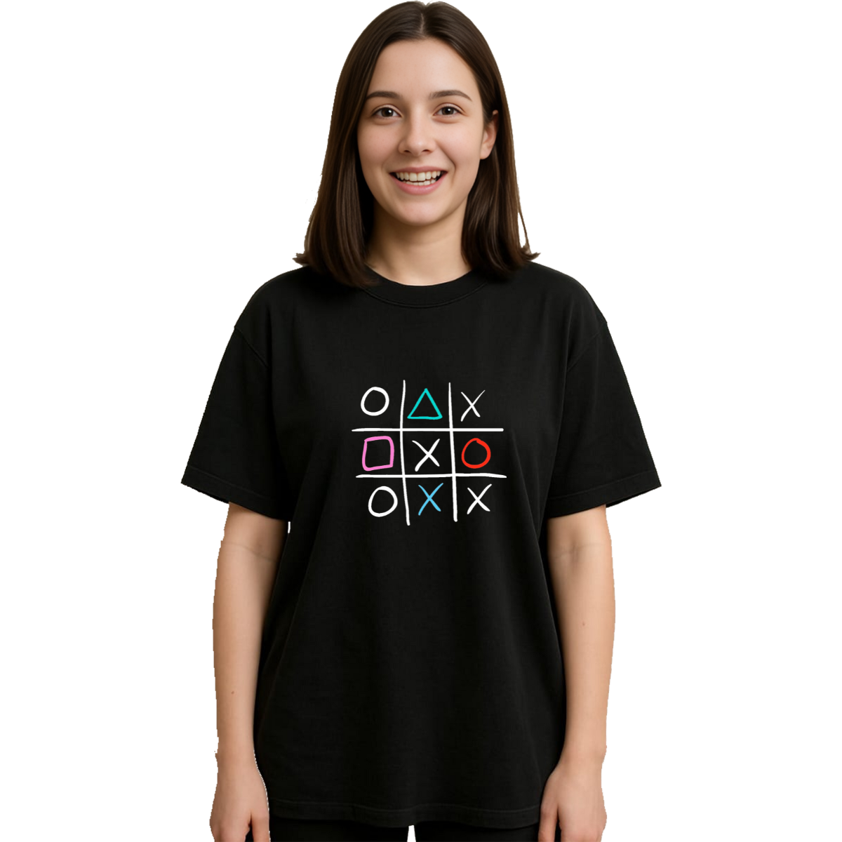 MakeItBharat Oversized Pure Cotton Girls Black T Shirt - Tic Tac Toe
