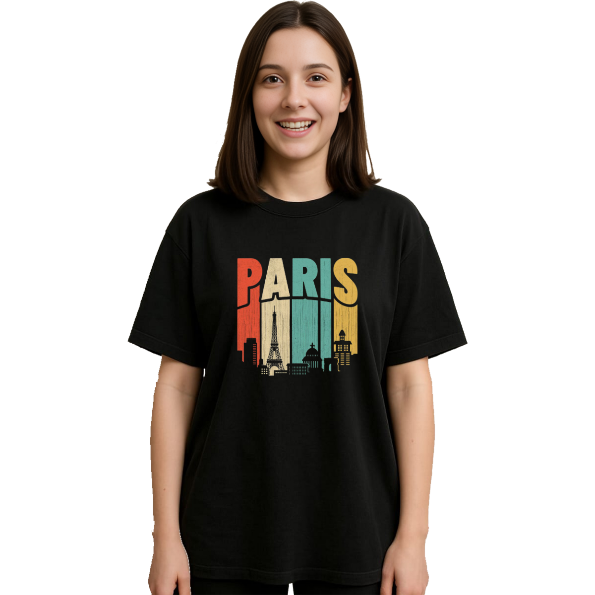 MakeItBharat Oversized Pure Cotton Girls Black T Shirt - Paris