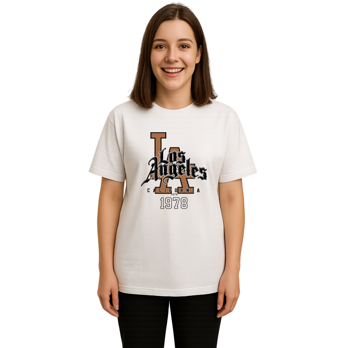 MakeItBharat Oversized Pure Cotton Girls White T Shirt - Los Angeles