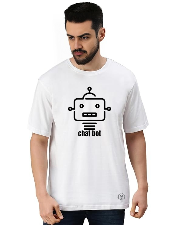 MakeItBharat Oversized Pure Cotton Unisex White Tech T Shirt - Chat Bot
