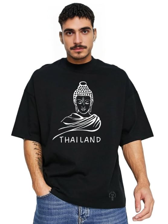 M & B MakeItBharat Unisex Oversized Pure Cotton Black Premium T-Shirt - Thailand Buddha