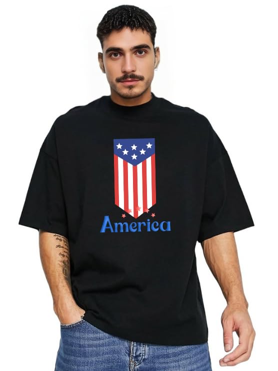 MakeitBharat Oversized Pure Cotton Black T Shirt - USA Flag