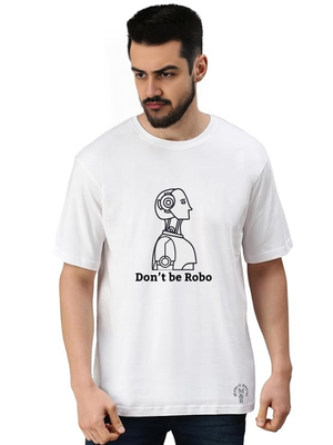 MakeItBharat Oversized Pure Cotton Unisex White Tech T Shirt - Do not be Robo