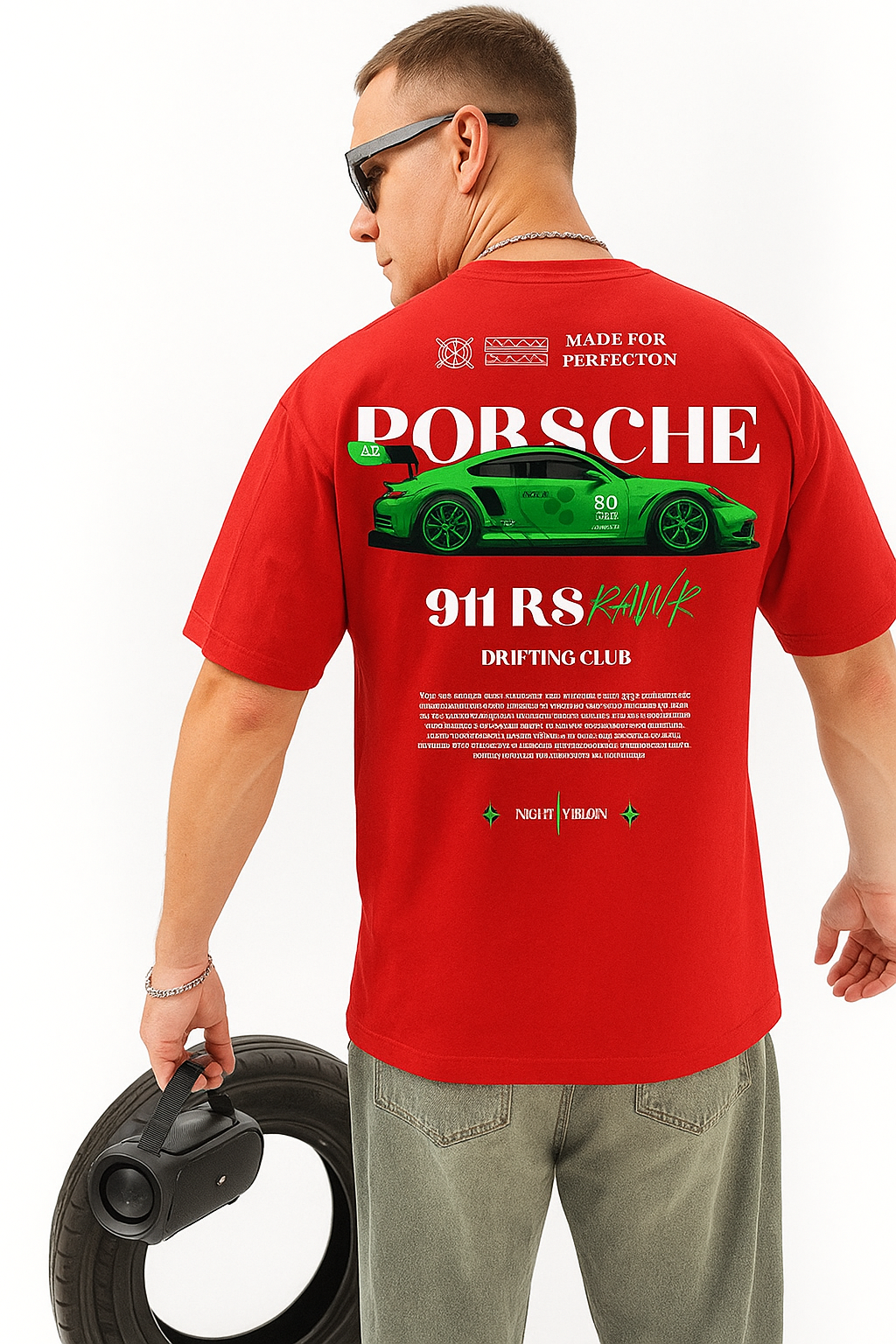 MakeItBharat Oversized Unisex Pure Cotton red T Shirt - Porsche