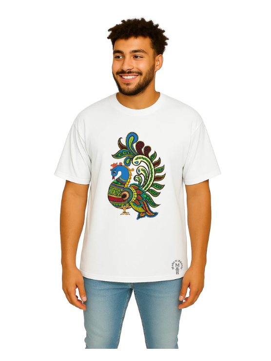 MakeItBharat Oversized Pure Cotton Unisex White T Shirt - Ethnic Art