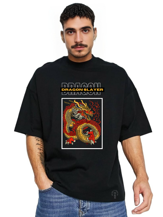 MakeItBharat Oversized Pure Cotton Unisex BlackT Shirt - Dragon Slayer