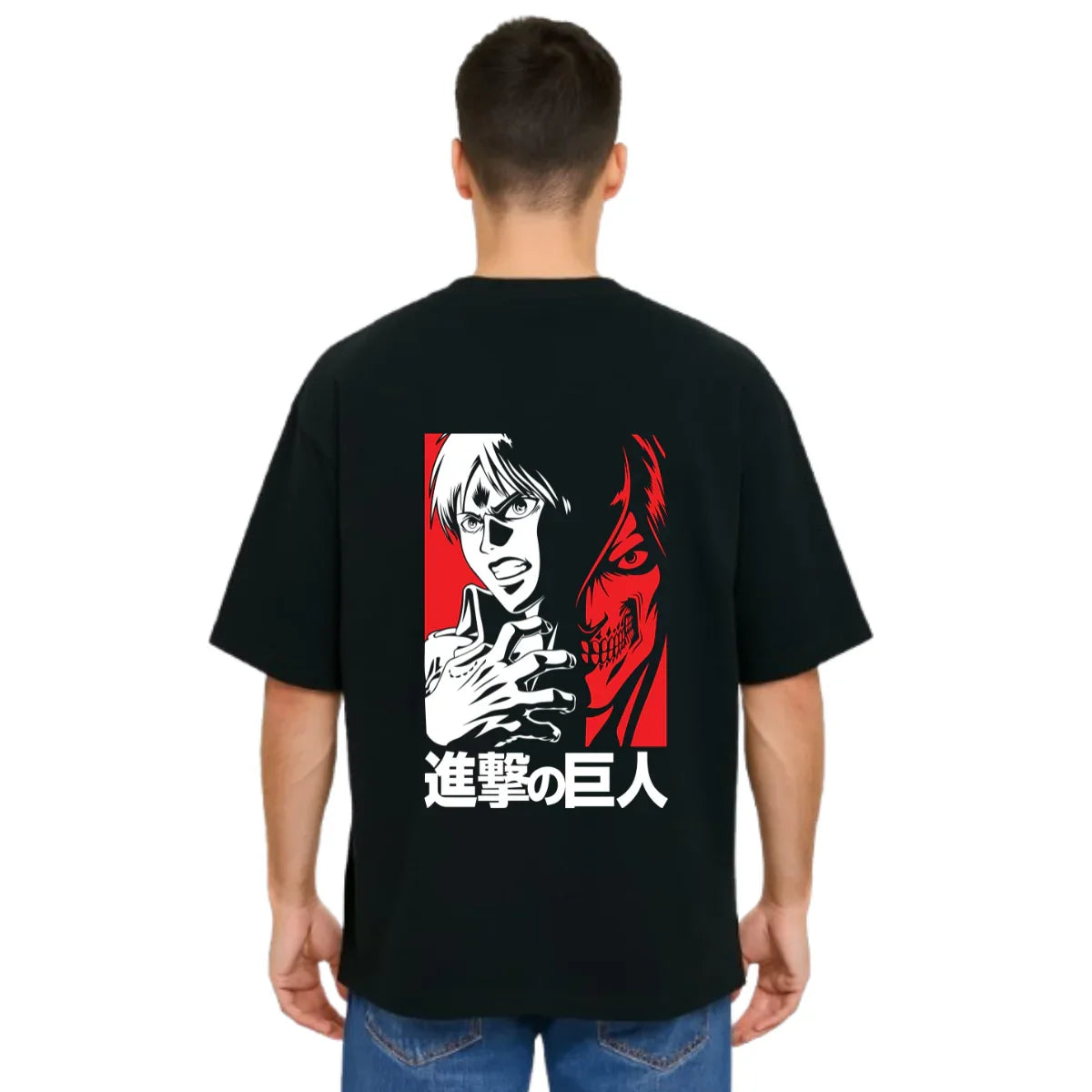 MakeItBharat Oversized Pure Cotton Unisex Black T Shirt - Titan Attack 13