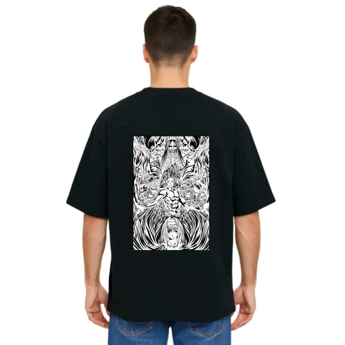 MakeItBharat Oversized Pure Cotton Unisex Black T Shirt - Titan Attack 17