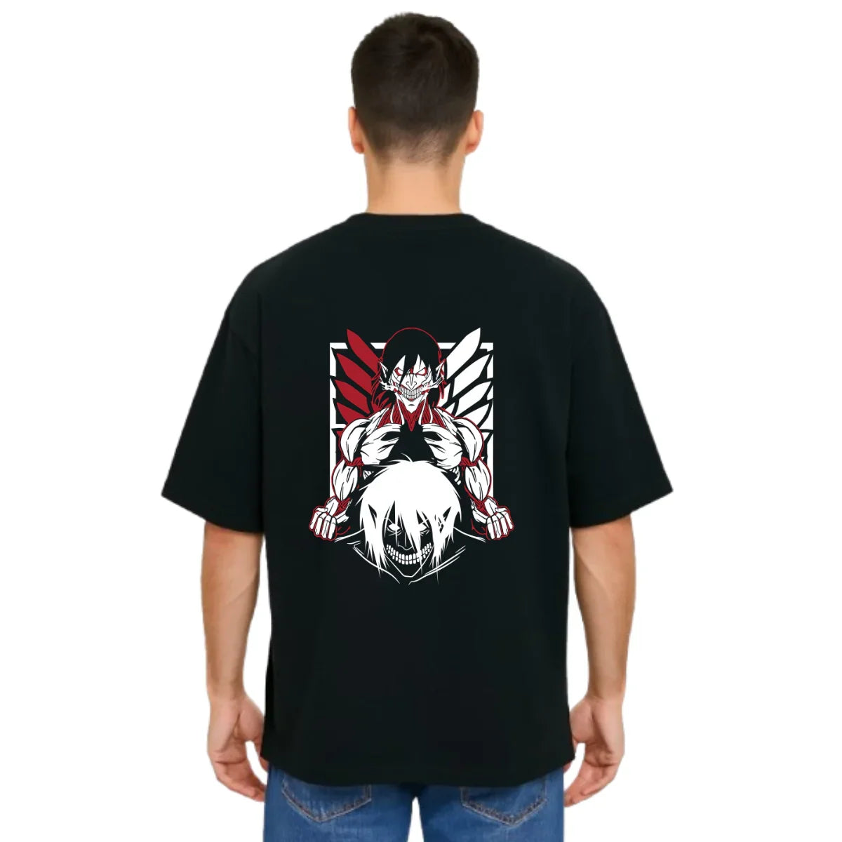 MakeItBharat Oversized Pure Cotton Unisex Black T Shirt - Titan Attack 18