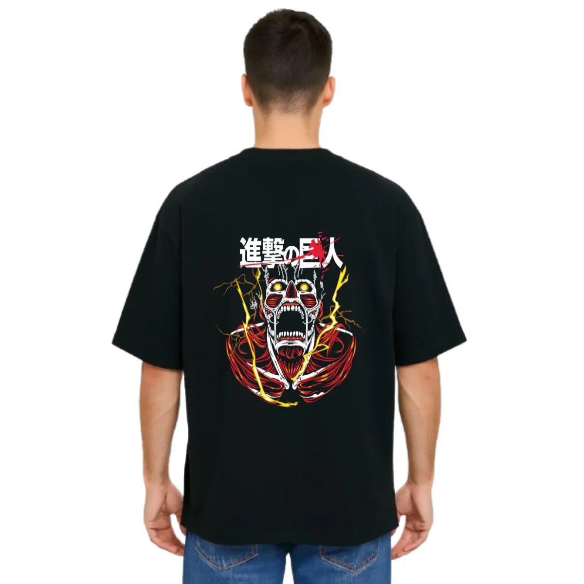 MakeItBharat Oversized Pure Cotton Unisex Black T Shirt - Titan Attack 19