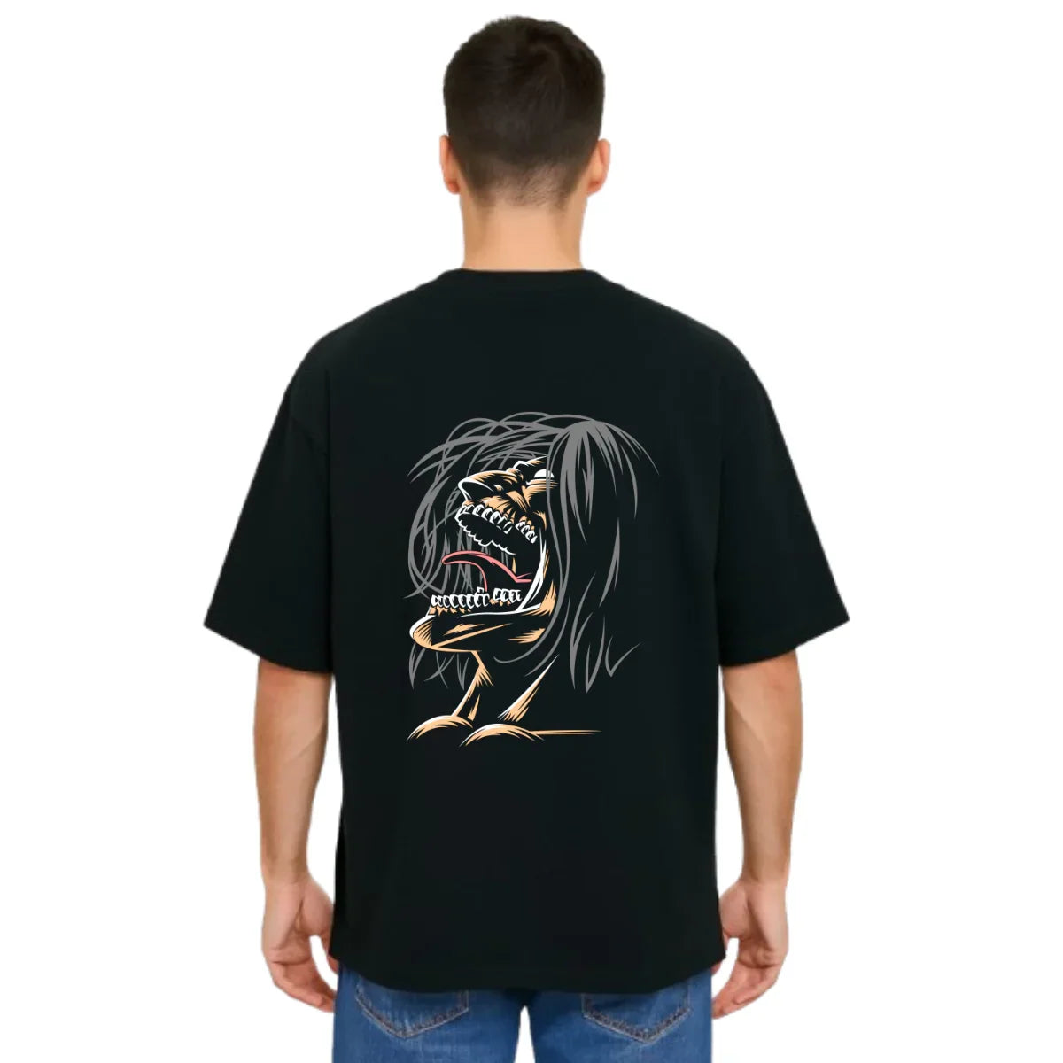 MakeItBharat Oversized Pure Cotton Unisex Black T Shirt - Titan Attack 2