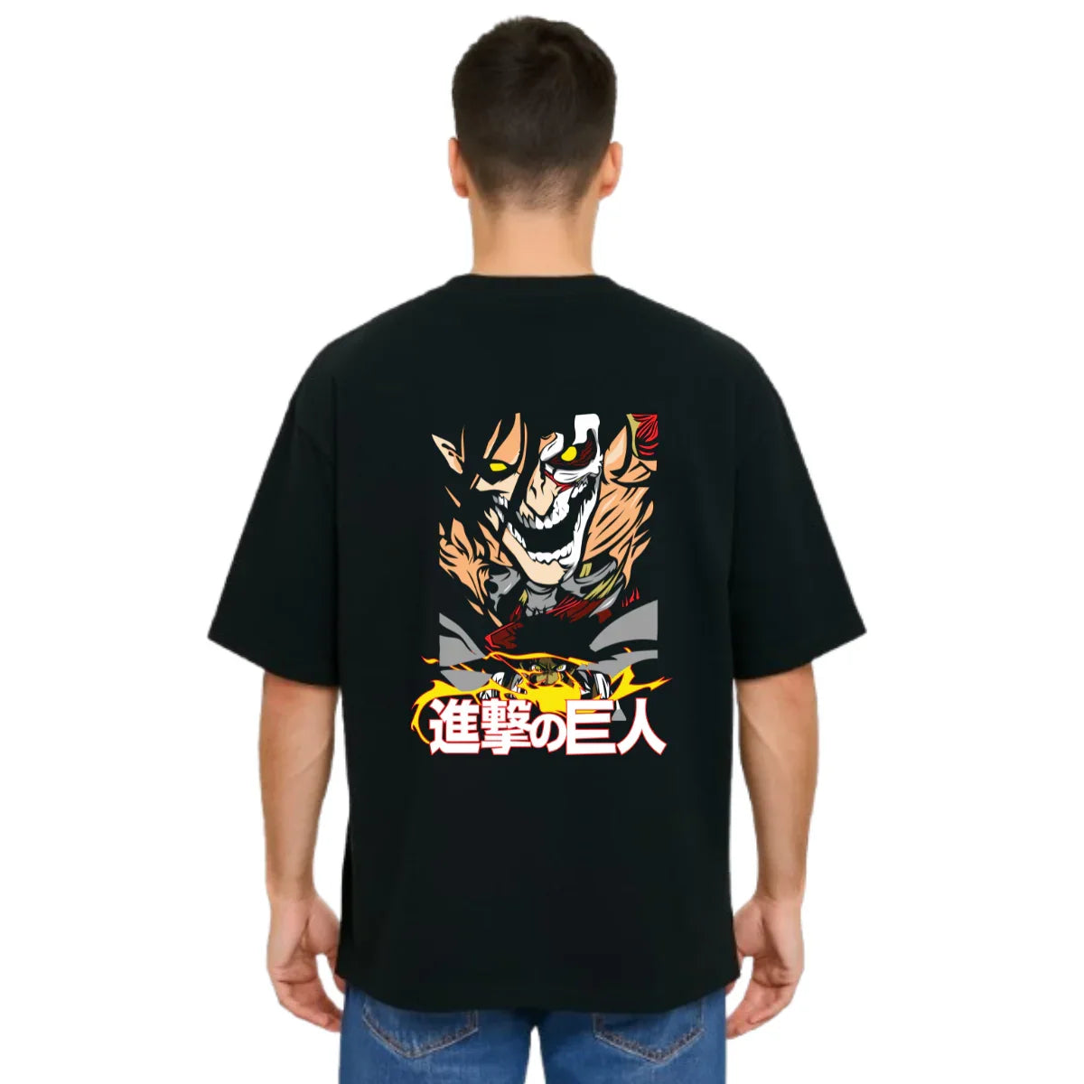 MakeItBharat Oversized Pure Cotton Unisex Black T Shirt - Titan Attack 20