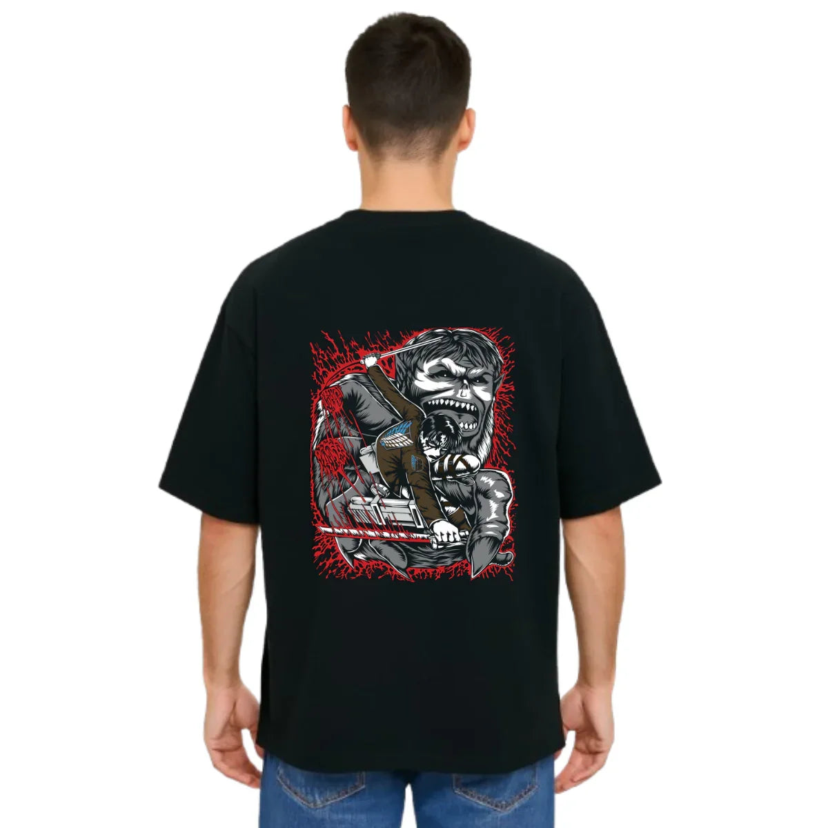 MakeItBharat Oversized Pure Cotton Unisex Black T Shirt - Titan Attack 22