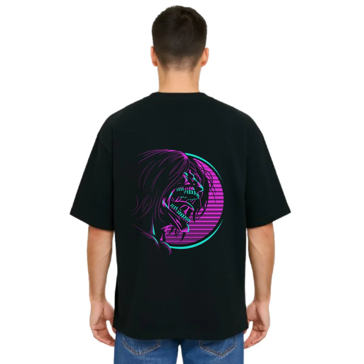 MakeItBharat Oversized Pure Cotton Unisex Black T Shirt - Titan Attack 5