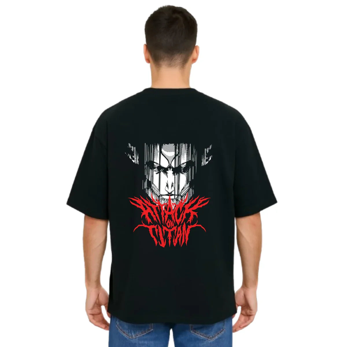 MakeItBharat Oversized Pure Cotton Unisex Black T Shirt - Titan Attack 9