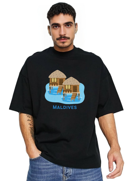 MakeItBharat Oversized Pure Cotton Unisex Black T Shirt - Maldives