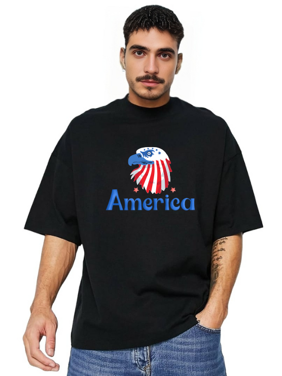 MakeitBharat Oversized Pure Cotton Black T Shirt - USA Flag eagle