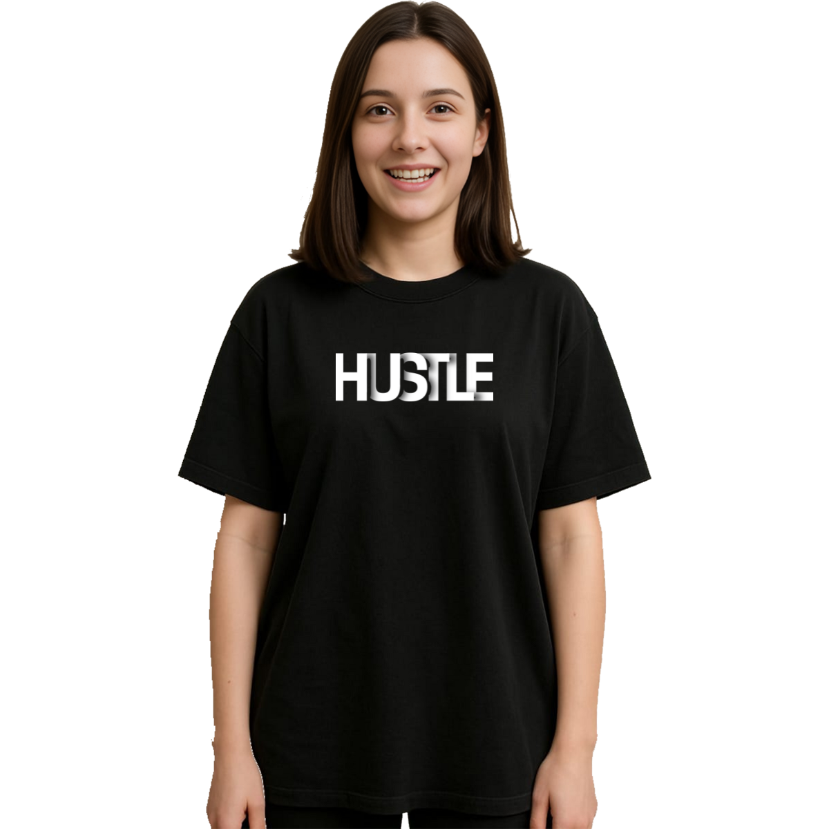 MakeItBharat Oversized Pure Cotton Girls Black T Shirt - Hustle