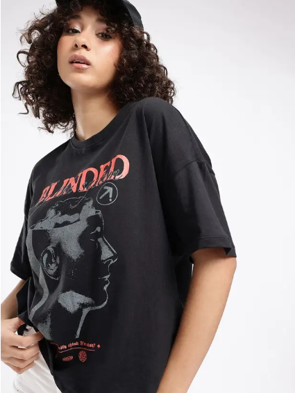 MakeItBharat Oversized Pure Cotton Girls Black T Shirt - Blinded
