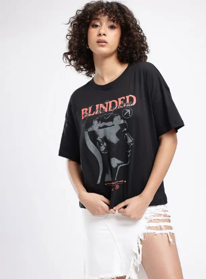 MakeItBharat Oversized Pure Cotton Girls Black T Shirt - Blinded