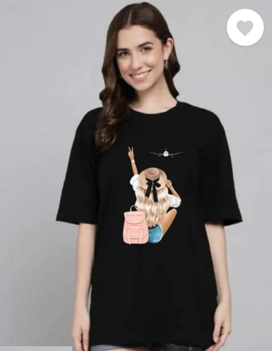 MakeItBharat Oversized Pure Cotton Girls Black T Shirt - Aeroplane