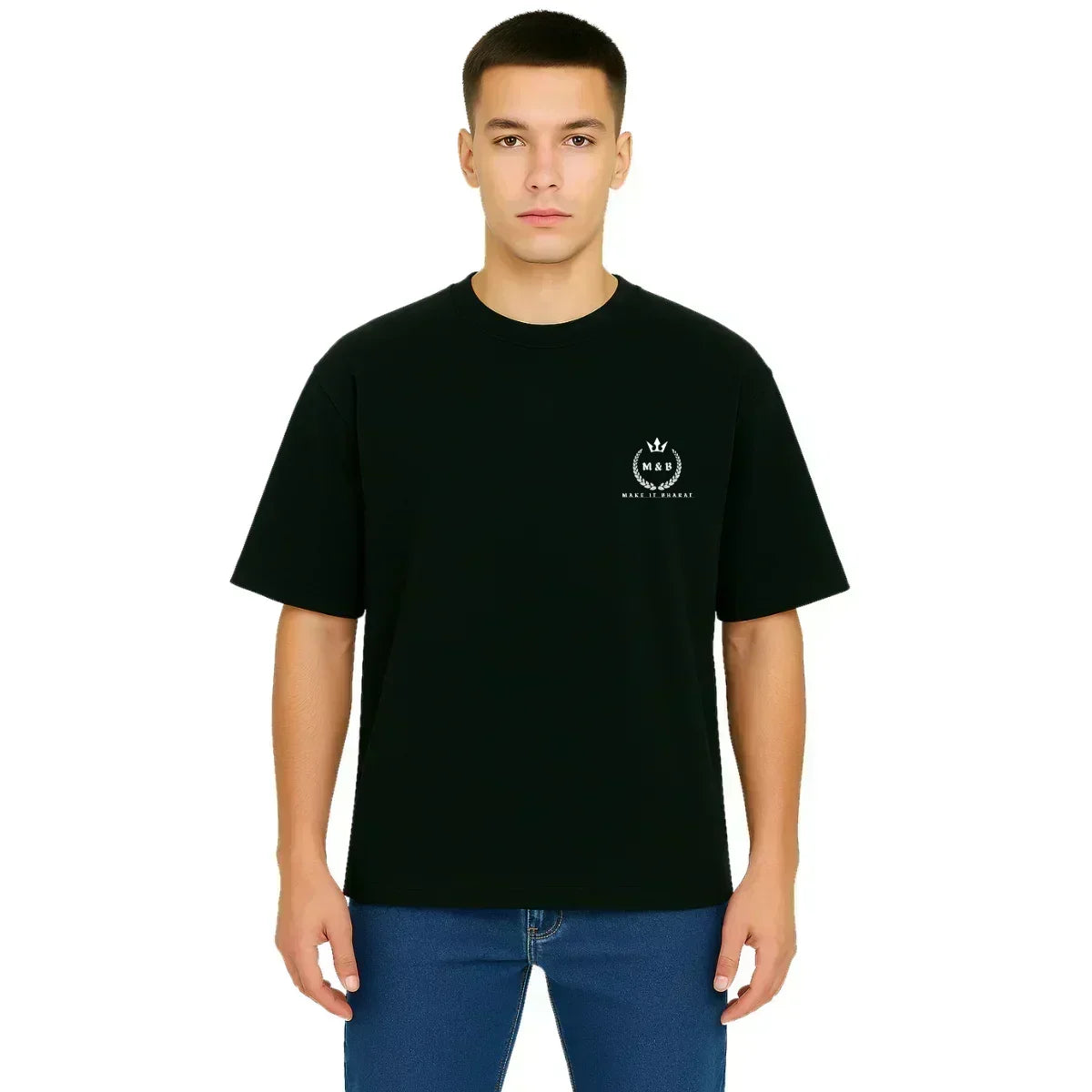 MakeItBharat Oversized Pure Cotton Unisex Black T Shirt - Titan Attack 24