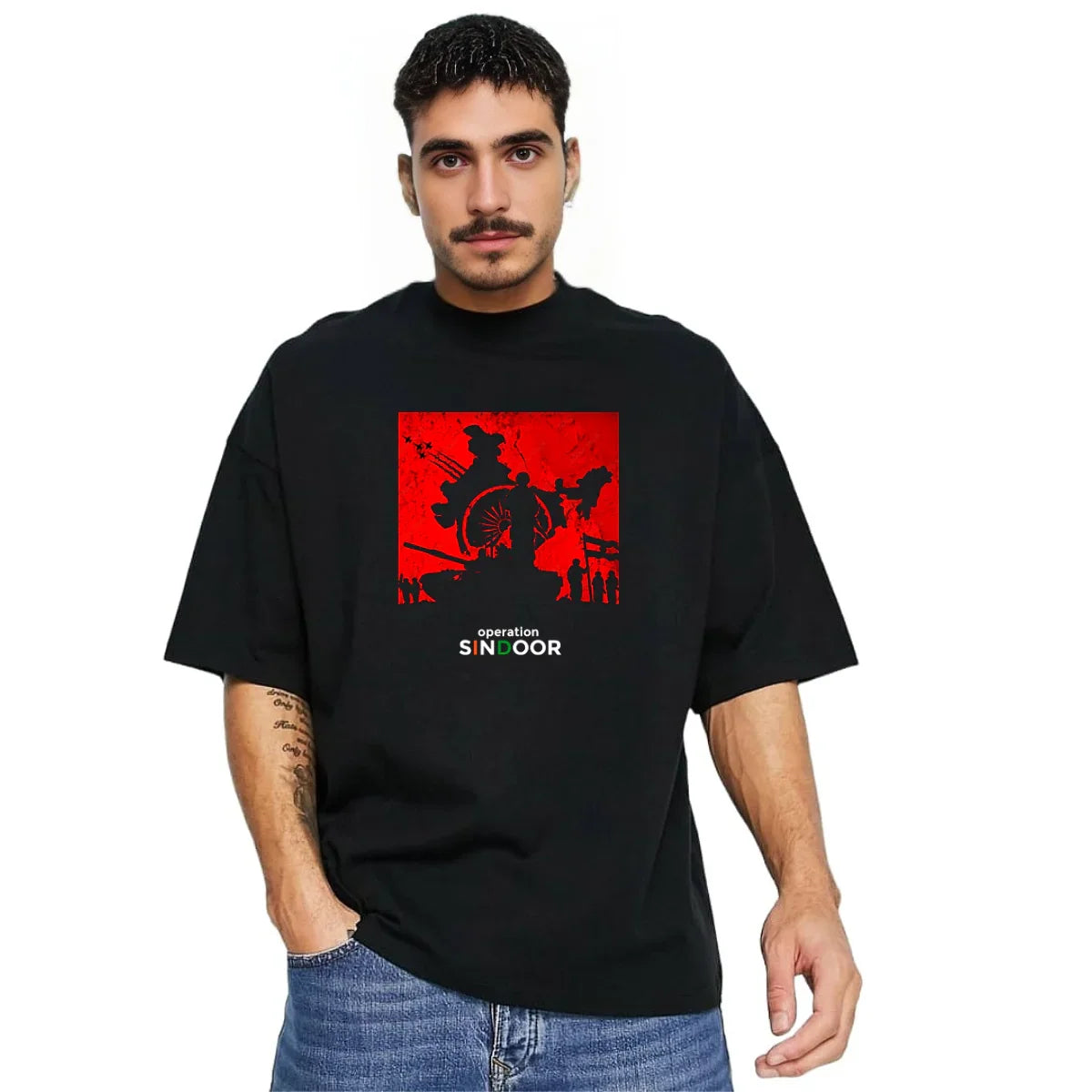 MakeItBharat Oversized Pure Cotton Unisex Black T Shirt - Operation Sindoor 1