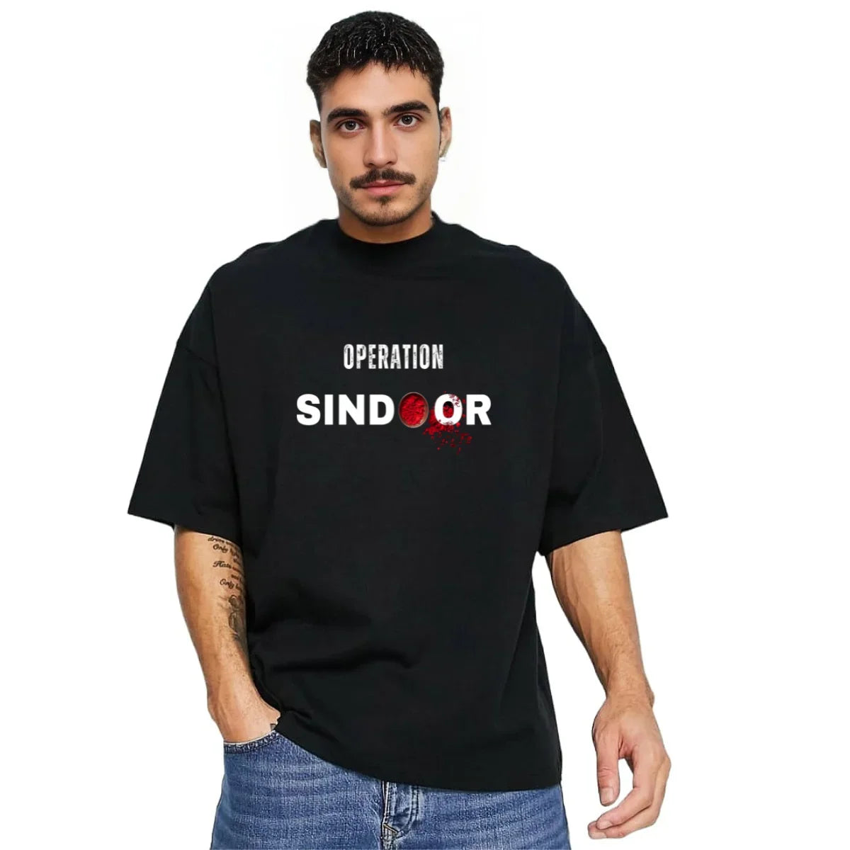 MakeItBharat Oversized Pure Cotton Unisex Black T Shirt - Operation Sindoor 2