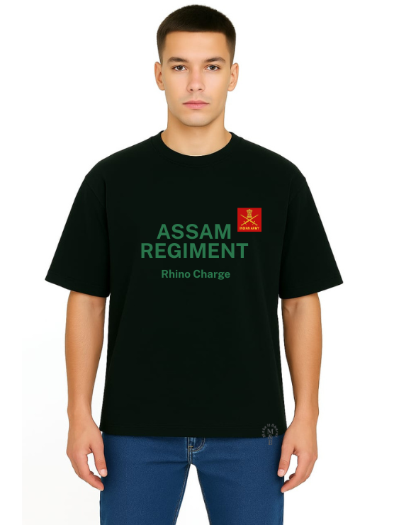 MakeItBharat Oversized Pure Cotton Unisex Black T Shirt - Assam Regiment