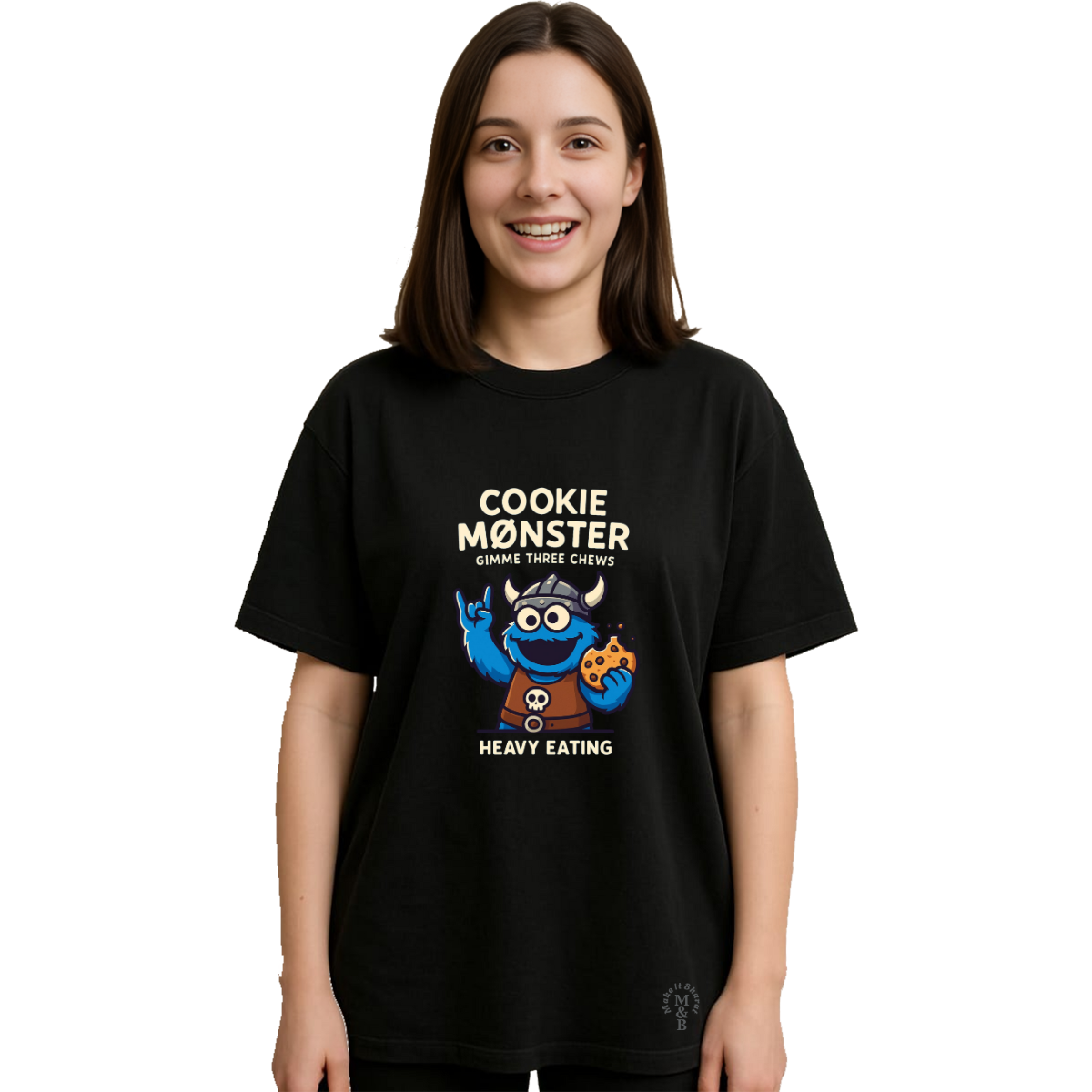 MakeItBharat Oversized Pure Cotton Girls Black T Shirt - Cookie Monster