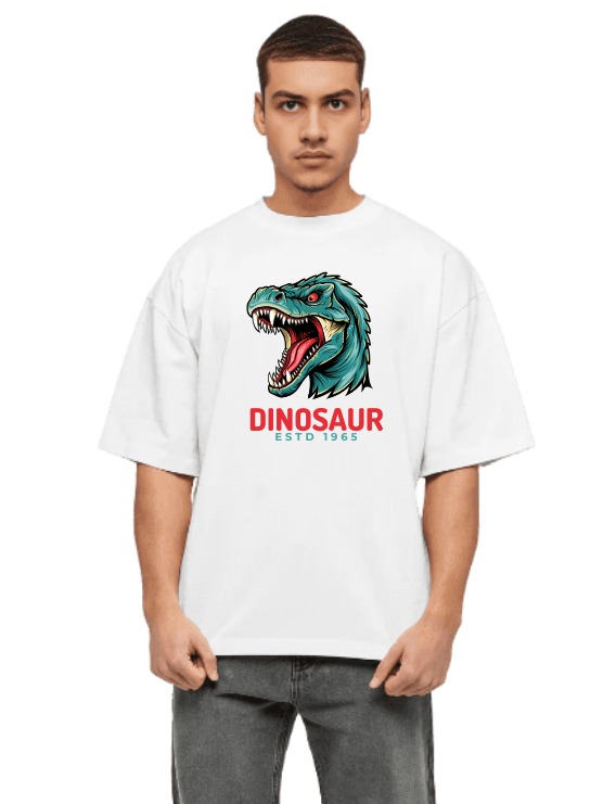 MakeItBharat Oversized Pure Cotton Unisex White T Shirt - Dinosaur