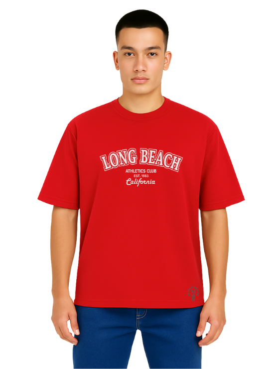 MakeItBharat Oversized Pure Cotton Men's Red T Shirt - Long Beach