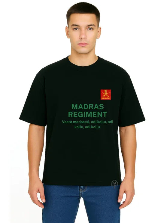 MakeItBharat Oversized Pure Cotton Unisex Black T Shirt - Madras Regiment