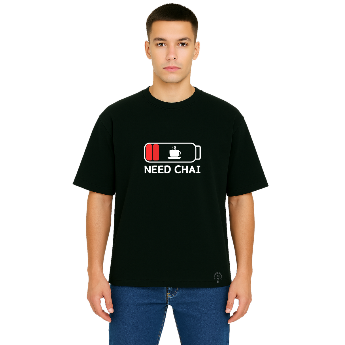 MakeItBharat Oversized Pure Cotton Unisex Black T Shirt - Need Chai