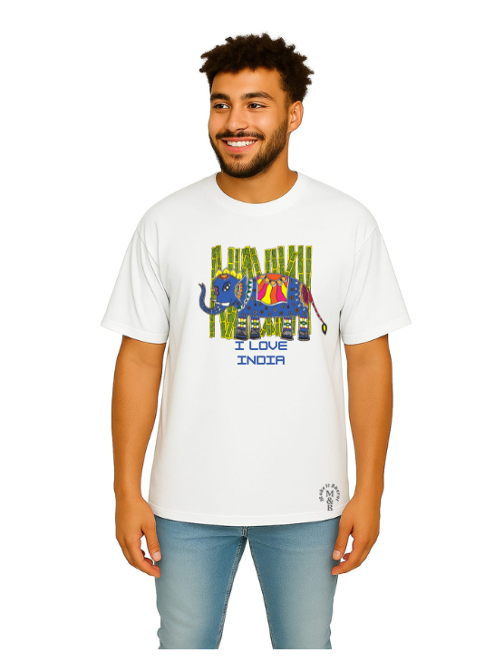MakeItBharat Oversized Pure Cotton Unisex White T Shirt - Ethnic Art 1