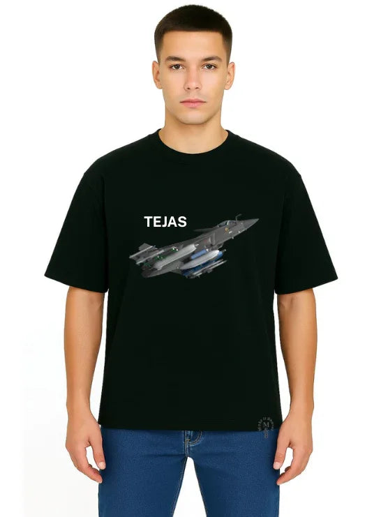 MakeItBharat Oversized Pure Cotton Unisex Black T Shirt - Tejas Aircraft