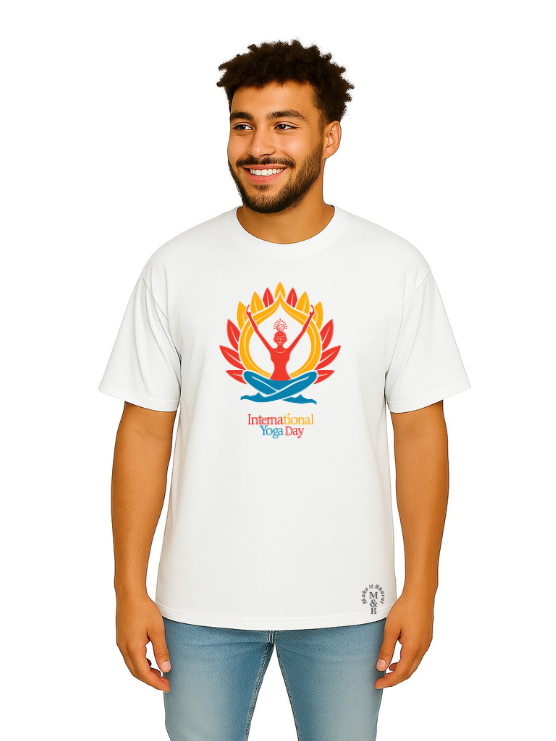 MakeItBharat Oversized Pure Cotton Unisex White T Shirt - Yoga Day 10