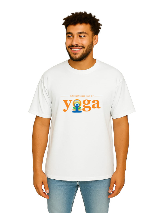 MakeItBharat Oversized Pure Cotton Unisex White T Shirt - Yoga Day 8