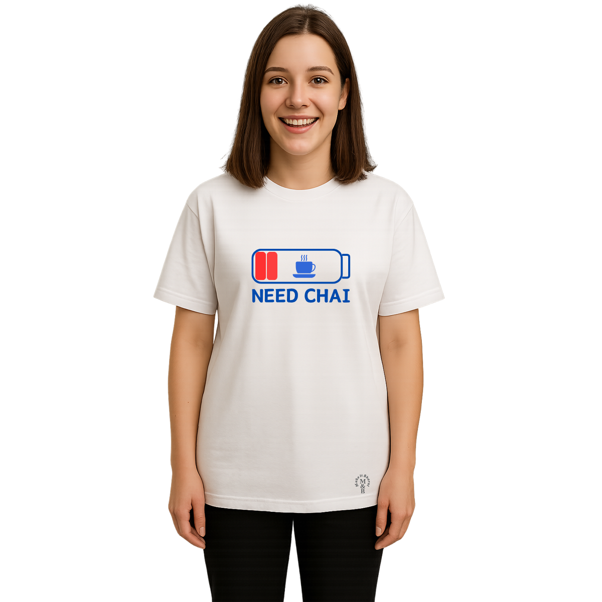MakeItBharat Oversized Pure Cotton Girls White T Shirt - Need Chai
